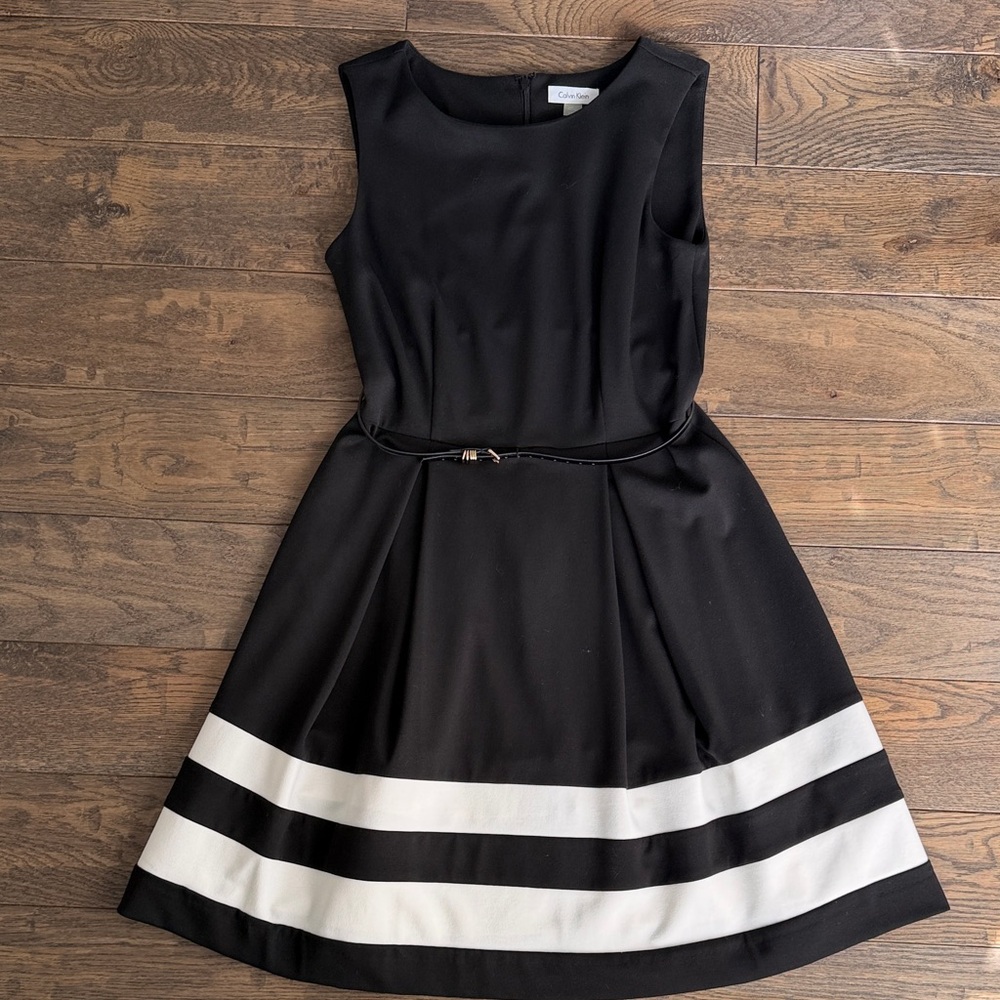 Calvin Klein Black Midi Dress with White Hem Stripes